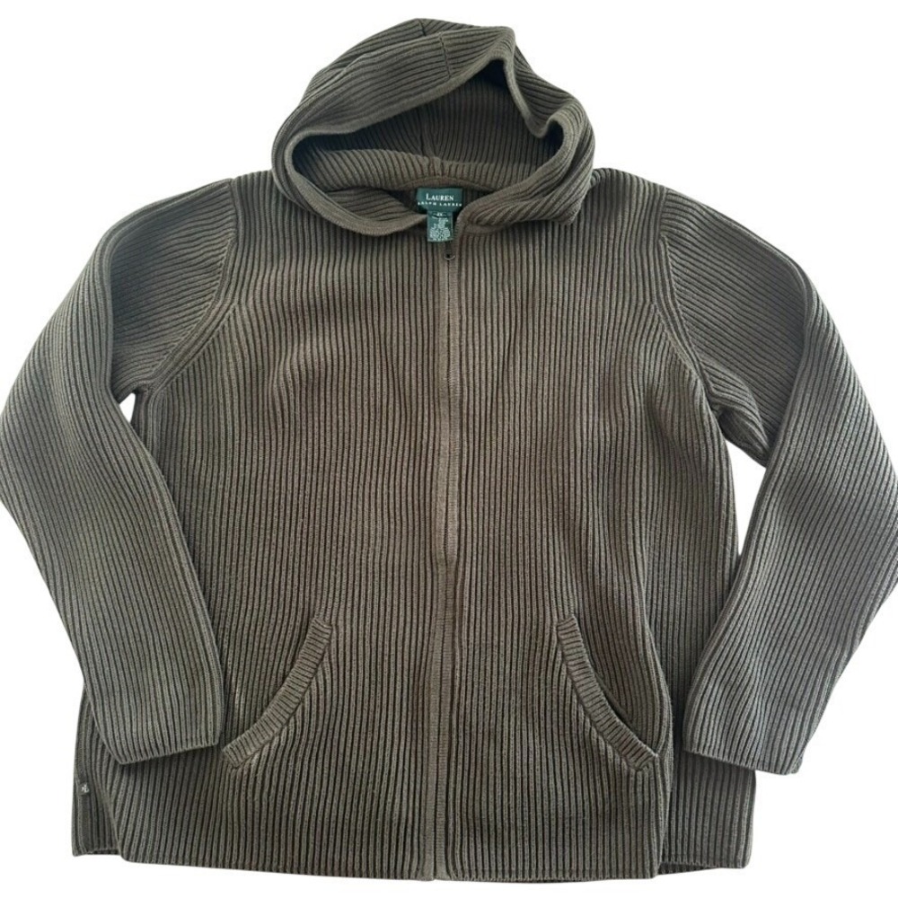 Lauren Ralph Lauren Womens 2X Full Zip Ribbed Hooded Sweater Olive Green Cotton